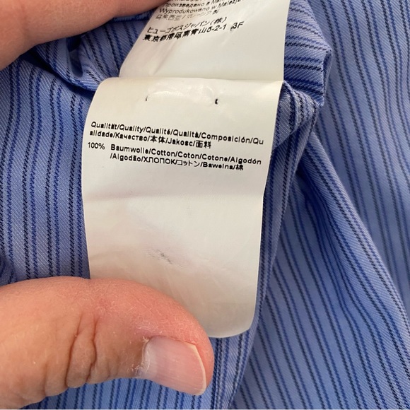 Boss Hugo Boss Mens Sharp Fit Blue Pinstripe Button Front Dress Shirt 17L 34/35 - Picture 12 of 15